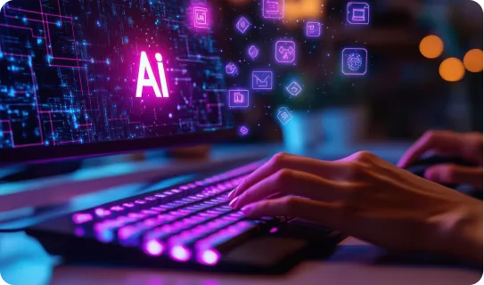 キーボードを打つ手と、AIの文字が浮かぶ画面