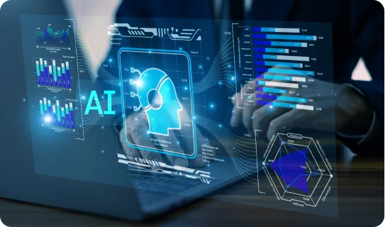 AIとデータのグラフが浮かぶ画面のイメージ