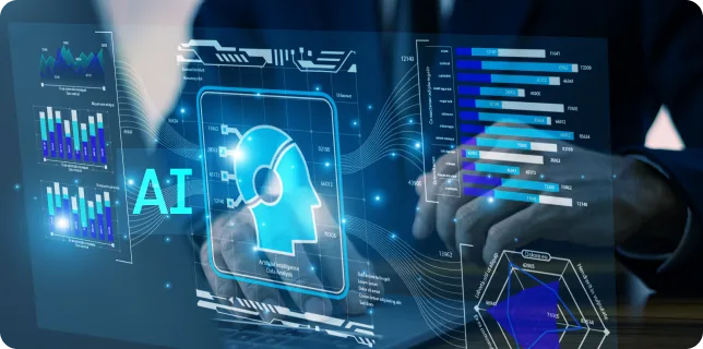AIとデータのグラフが浮かぶ画面のイメージ