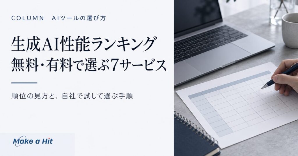 生成AIの性能ランキングと、無料・有料で選ぶおすすめの生成AIサービスを解説する記事のアイキャッチ
