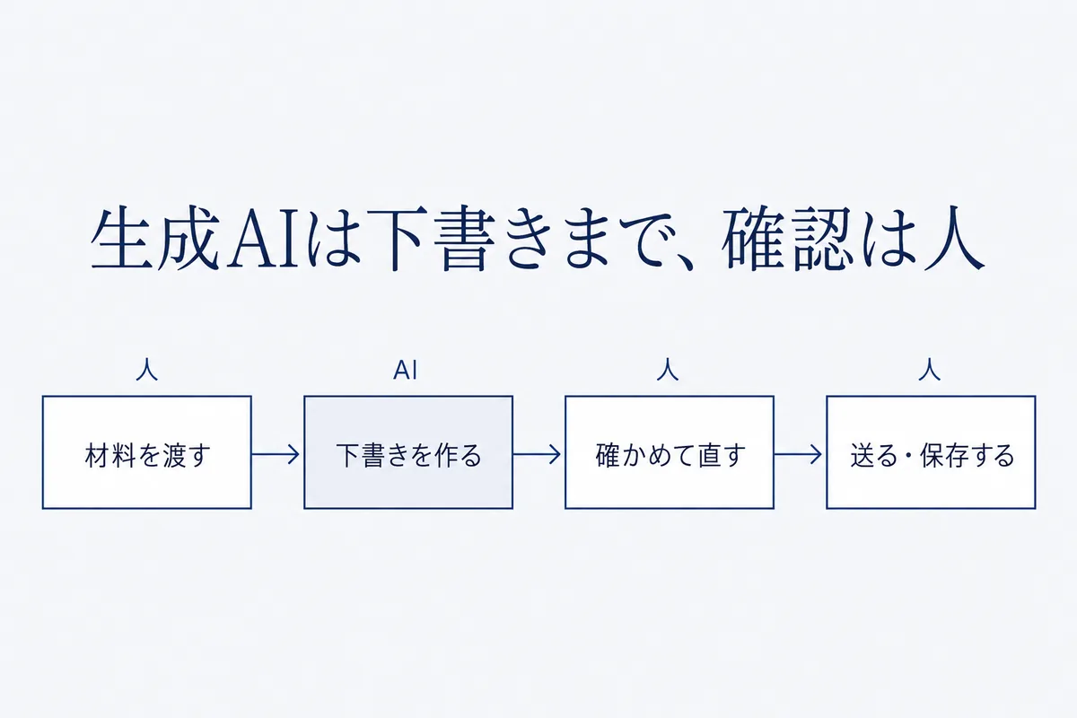 材料を渡す、生成AIが下書きを作る、人が確かめて直す、送る・保存するの4つを左から右へ並べた、生成AIと人の分担の流れの図