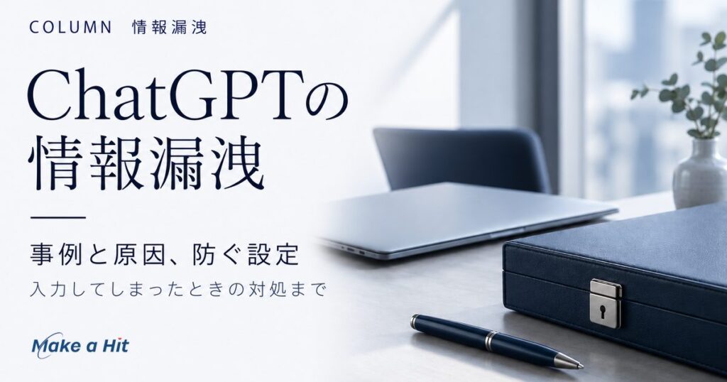 ChatGPTの情報漏洩の事例と原因、会社で防ぐ設定と入力してしまったときの対処を解説する記事のアイキャッチ