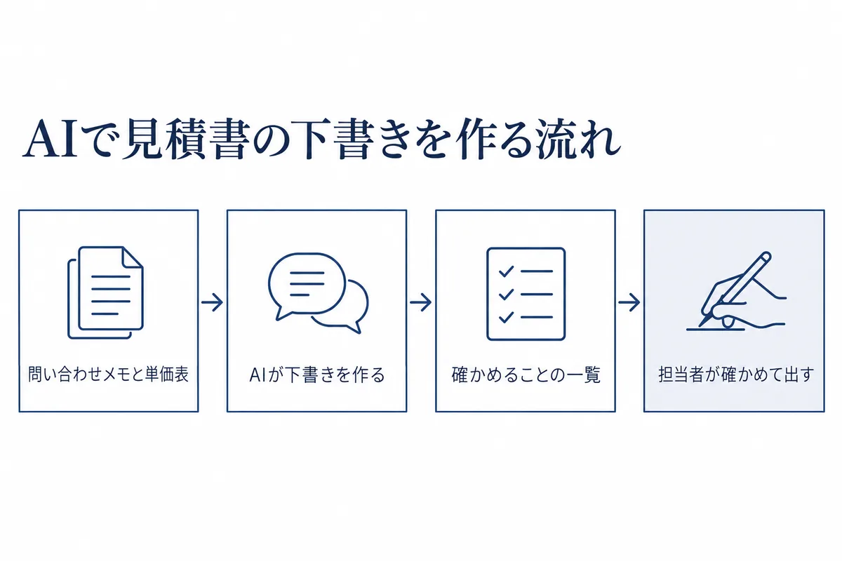 問い合わせメモと単価表を生成AIに渡すと見積書の下書きと確かめることの一覧が出て、担当者が確かめてから提出する流れの図