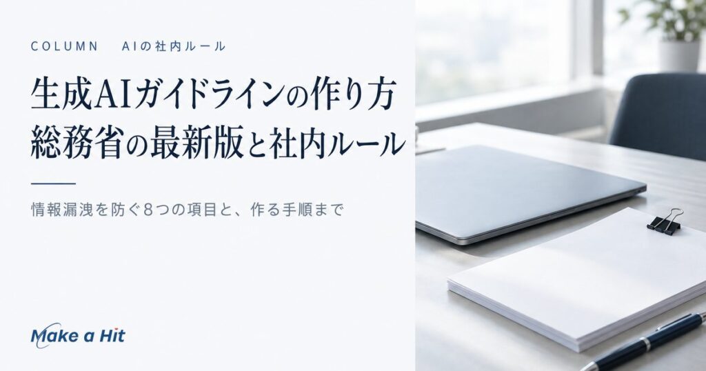 生成AIのガイドラインの作り方について、総務省の最新版と情報漏洩を防ぐ社内ルールを解説する記事のアイキャッチ