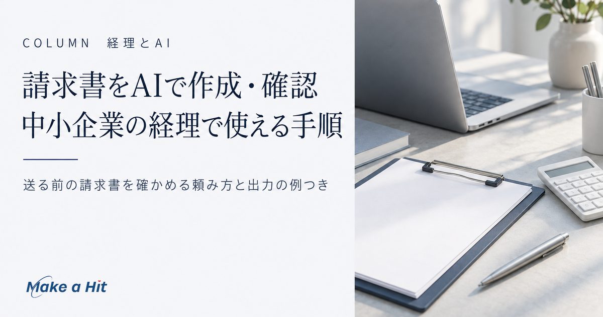 請求書の作成と確認をAIで楽にする方法として、AIに任せる作業と人が確かめる作業の分け方、送る前の請求書を見積書と見比べる頼み方を解説する記事のアイキャッチ
