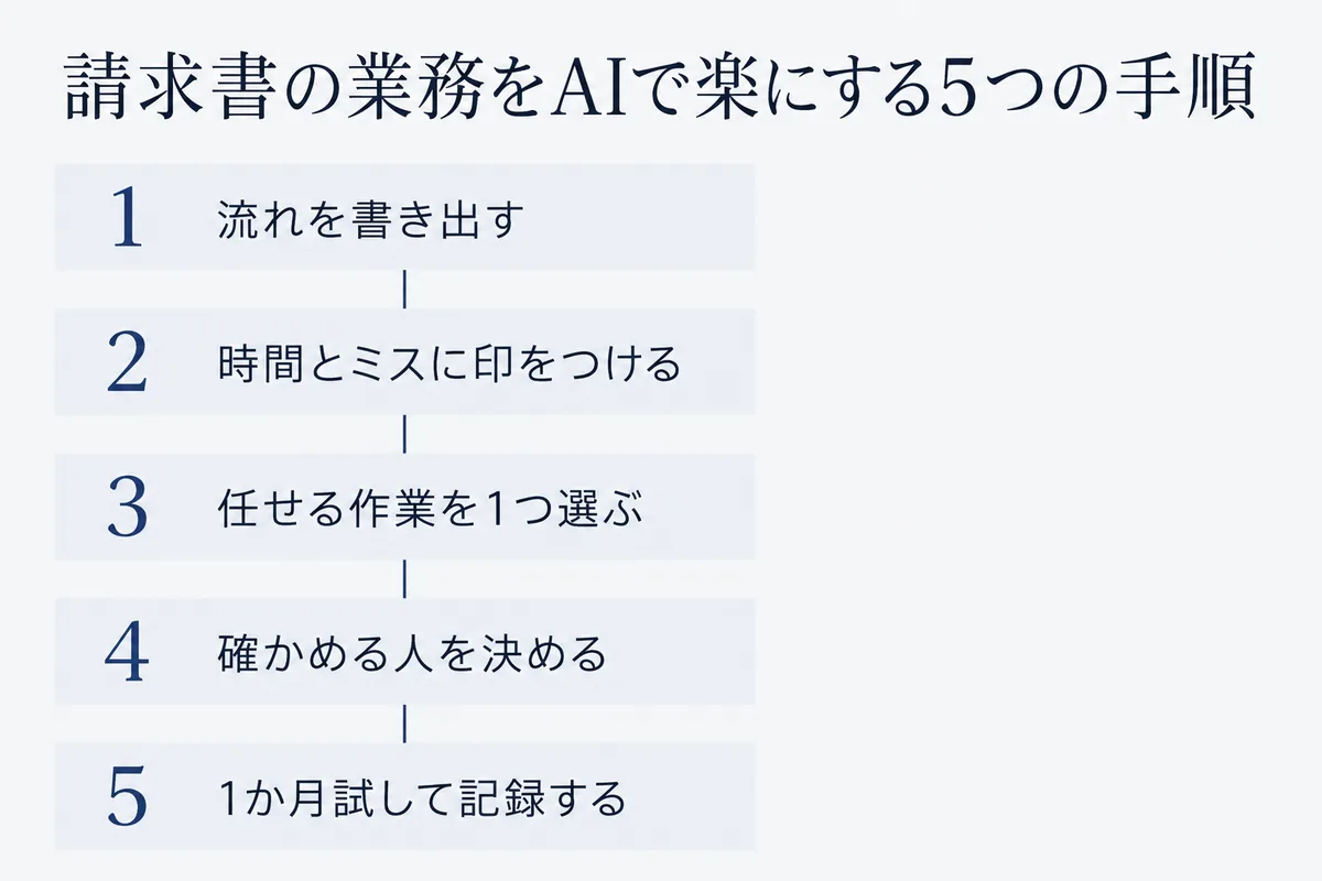 請求書の業務をAIで楽にする手順を、流れを書き出す、時間とミスの多い作業に印、AIに任せる作業を1つ選ぶ、確かめる人を決める、1か月試して記録する、の5段で示した図
