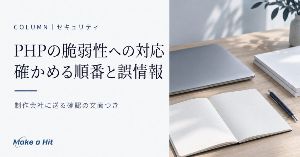 PHP脆弱性への対応として、会社が確かめる順番とSNSの誤情報の見分け方を解説する記事のアイキャッチ