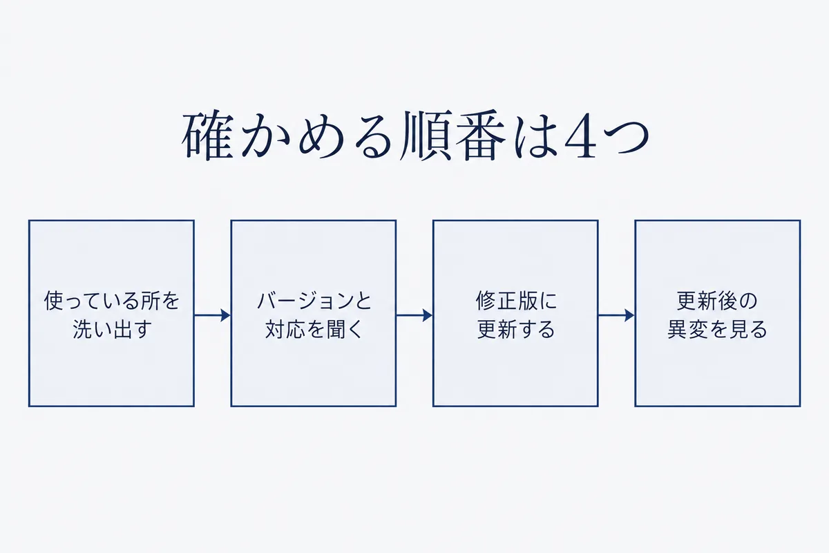 PHPの脆弱性への対応として、使っている場所の洗い出し、バージョンと対応状況の確認、修正版への更新、更新後の異変の確認を順に並べた図