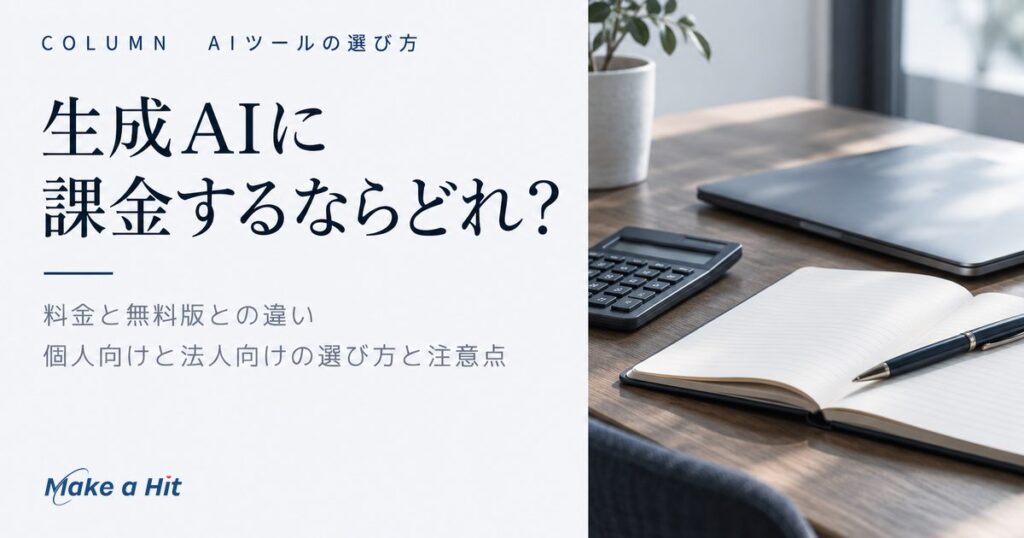 生成AIに課金するならどれかを、コスパと無料版との違いから選ぶ方法を解説する記事のアイキャッチ