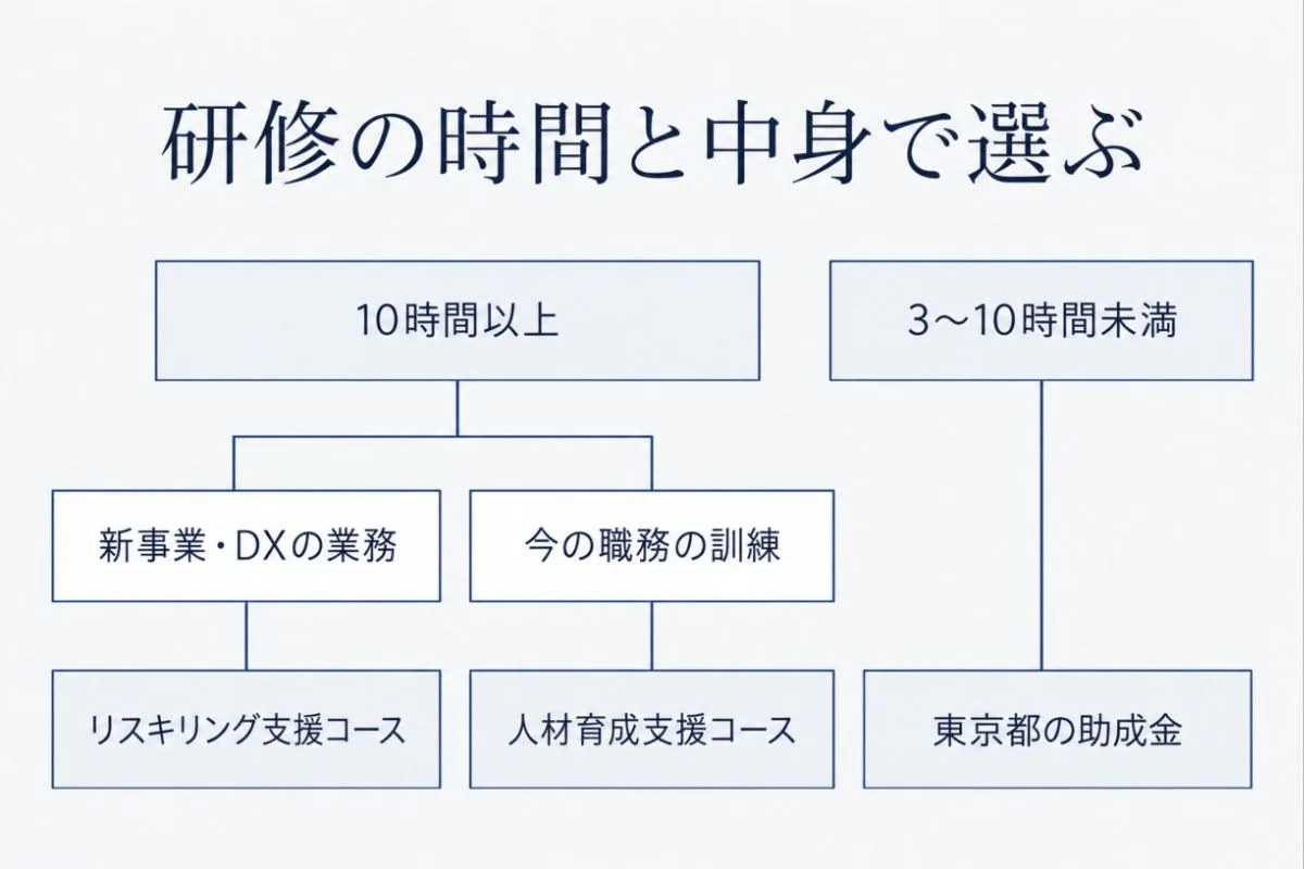 リスキリング助成金を研修の時間と中身で選ぶ流れを、10時間以上か未満かで分けて示した図