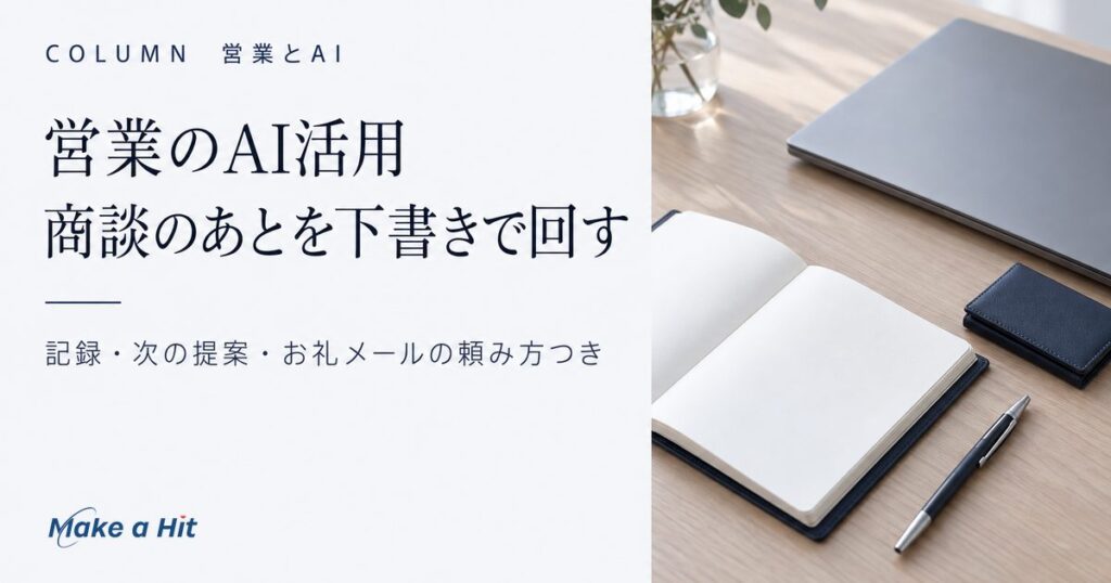 営業のAI活用の進め方として、商談の記録から次の提案、お礼メールまでをAIで下書きする手順を解説する記事のアイキャッチ