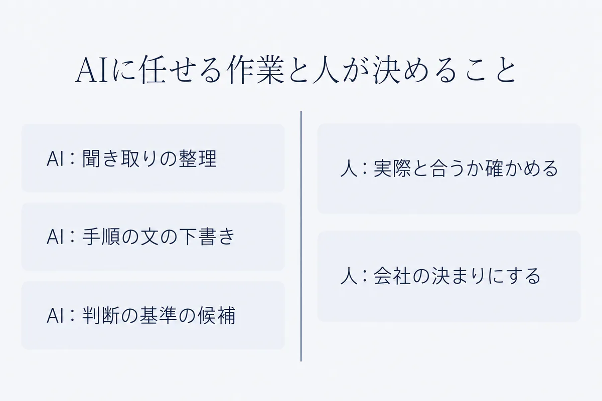 仕組み化の作業のうち、AIに任せる下書きと候補出し、人が決める確認と決まりを、左右に分けて比べた図