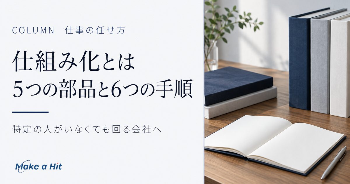 仕組み化とは何かと、特定の人がいなくても回る会社にする5つの部品と進め方を解説する記事のアイキャッチ