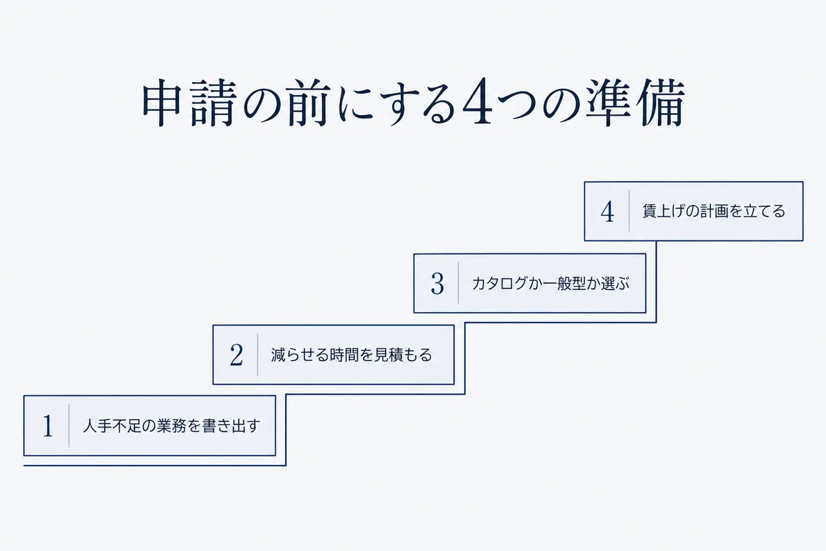 人手不足の業務を書き出す、減らせる時間を見積もる、カタログ注文型か一般型かを選ぶ、賃上げの計画を立てる、の4つの準備を階段のように並べた図