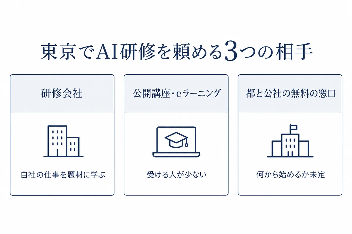東京でAI研修を頼める3つの相手を並べた図。研修会社は自社の仕事を題材に学びたい会社、公開講座とeラーニングは受ける人が少ない会社、東京都と公社の無料の窓口は何から始めるか決まっていない会社に向いている